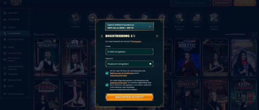 Monsterwin Login und Account-Setup